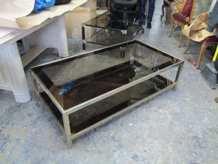 Two Tiered Chrome Coffee Table w. Smoked Glass Tops