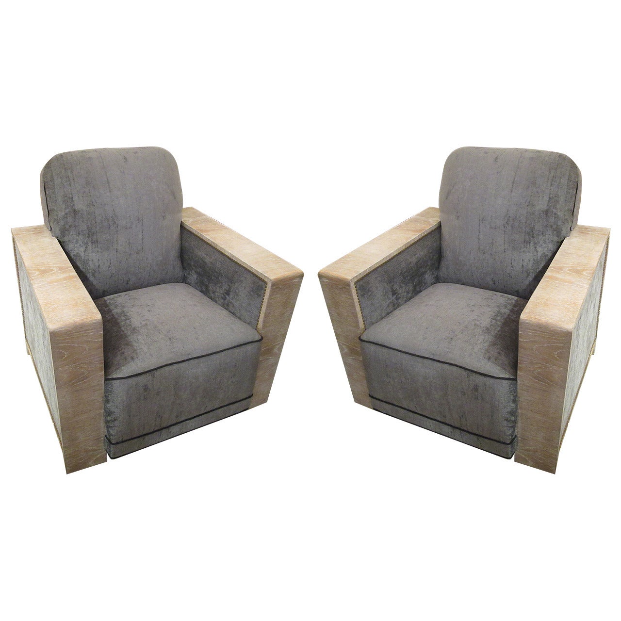 Sculptural Pair of Cerused Oak Club Chairs