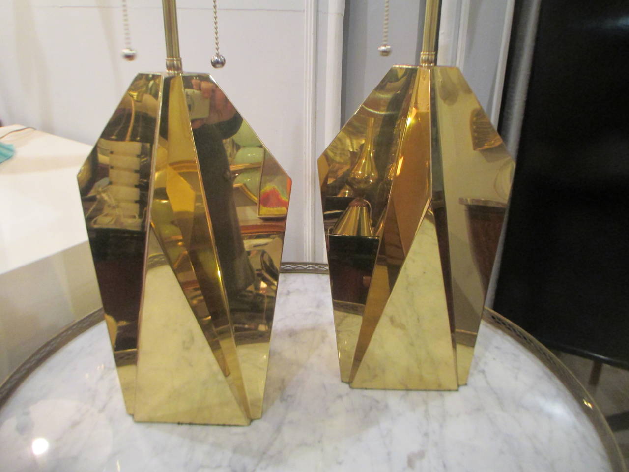 Saint Pierre and Miquelon Pair of Modernist Brass Faceted Table Lamps