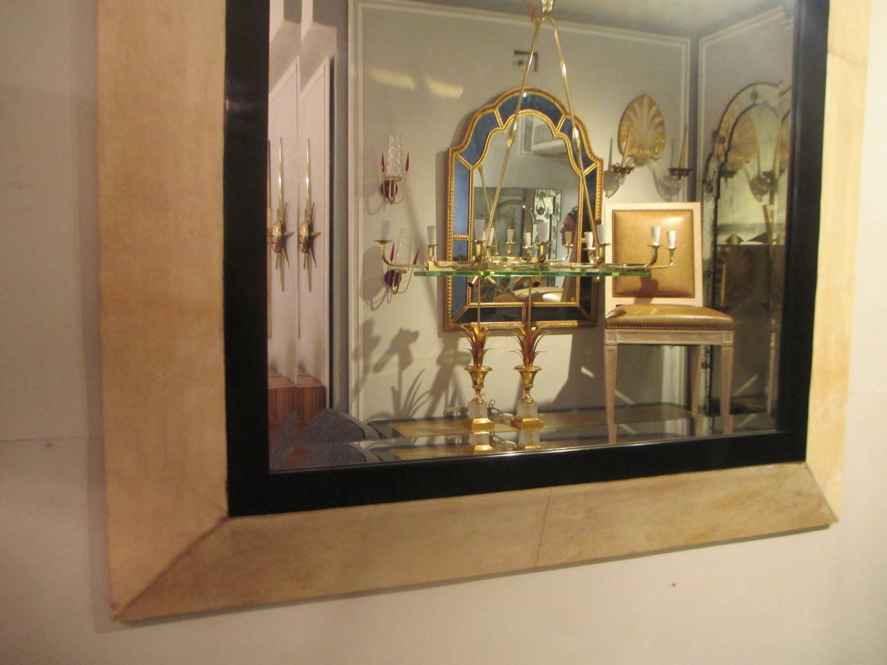 Rectangular Parchment Mirror with Ebonized Central Border In Excellent Condition In New York, NY