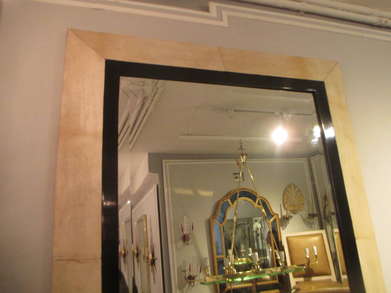 French Rectangular Parchment Mirror with Ebonized Central Border