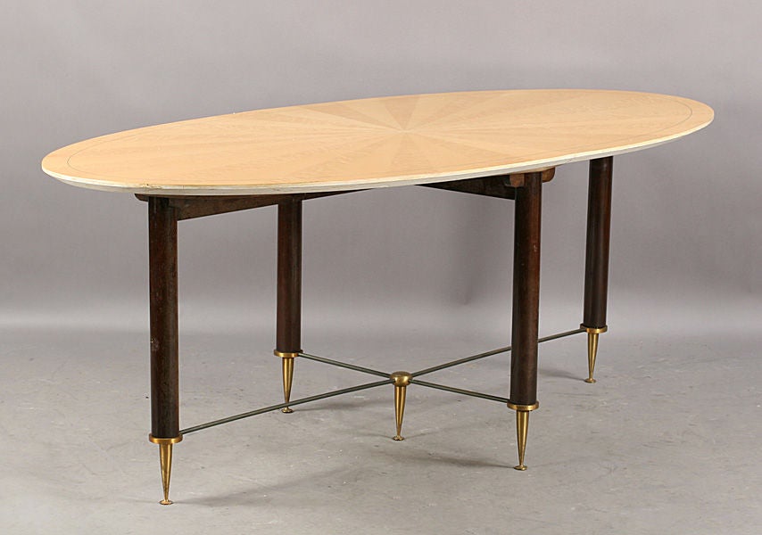 French 1940's/1950's Dining Table With Sunburst Inlaid Top, and Brass Stretcher Base