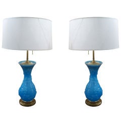A Pair of Blue Opaline Glass Lamps