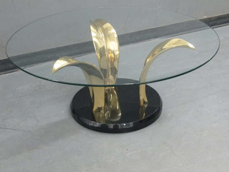 Circular Glass-Top Coffee Table on Brass Base