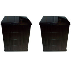 Pair Ebonized Side Tables/ Night Stands with Linenfold front