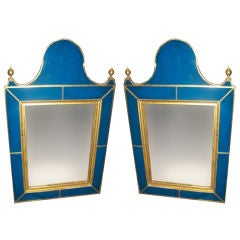 Antique An exceptional pair of Swedish blue opaline glass mirrors