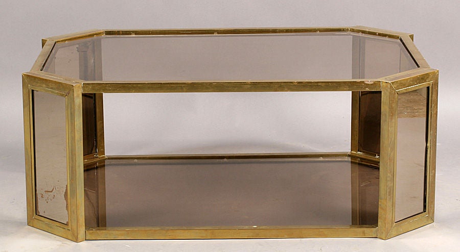 Sculptural Two Tiered Brass Coffee Table w. Smoked Glass