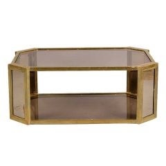 Sculptural Two Tiered Brass Coffee Table w. Smoked Glass