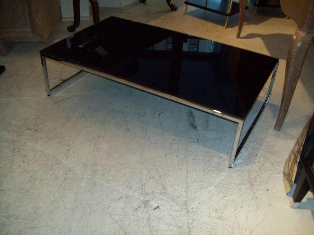 20th Century Modern Low Chrome Coffee Table w. Black Glass Top