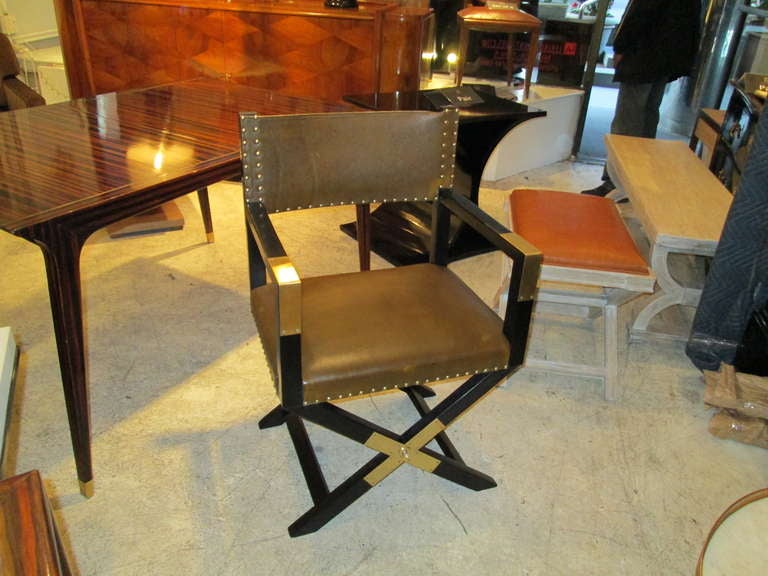 French A Pair of Ebonized Leather and Brass Director's Chairs