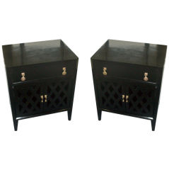 A pair of ebonized side tables/night stands with lattice work