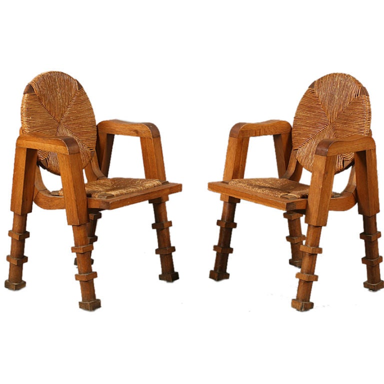 Unusual Pair of French 1940s/ 1950s Caned Oak Chairs 