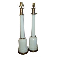 A Pair of White Opaline Glass Lamps with Brass Base