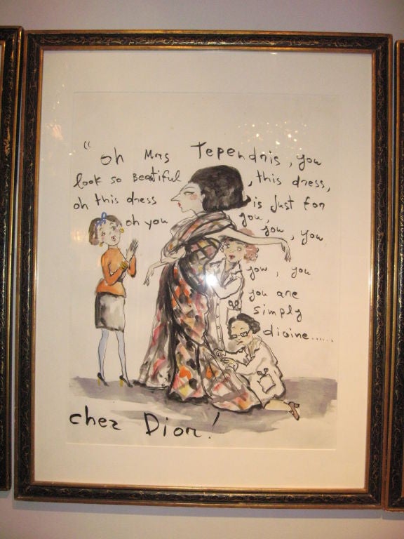 "Mrs. Tependris Chez Dior" Watercolour, Konstantin Kakanias 1961