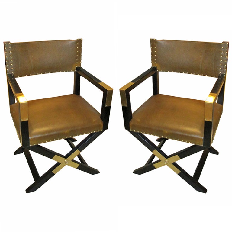 A Pair of Ebonized Leather and Brass Director's Chairs