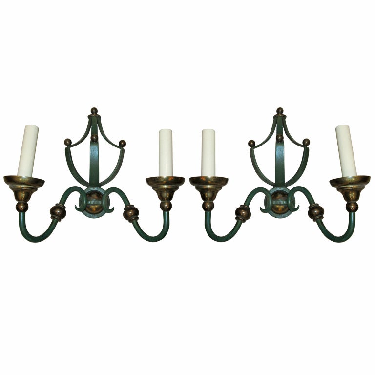 A Whimsical Pair Of Painted Iron And Brass Sconces