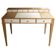 French 40's Parchment and Oak Desk on Tapered Legs