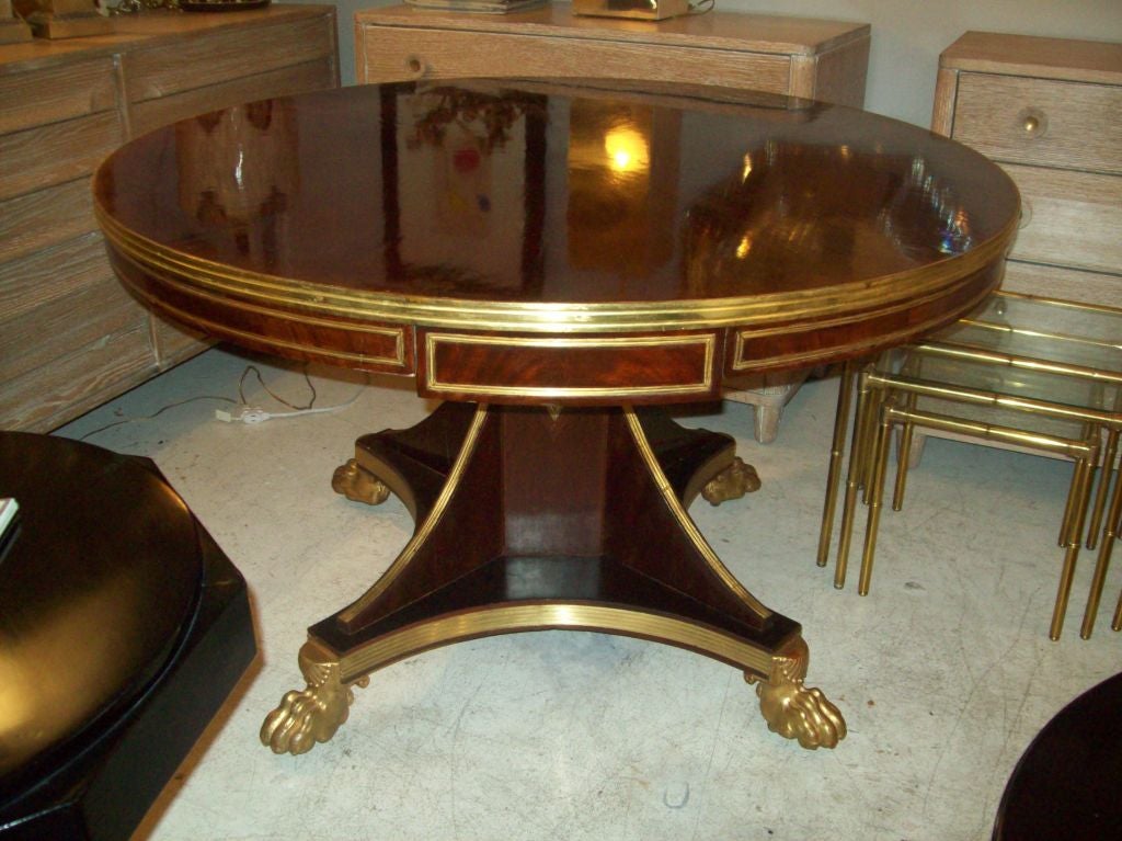 Exceptional Brass Inlaid Mahogany Drum Table On Pedestal Base