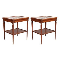Pair of mahogany and marble end tables with pull out slides