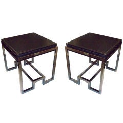 A Pair of Sculptural Leather-Top Coffee Tables with Chrome Base