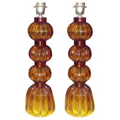 A Pair of  Murano Signed Amber Sphere Lamps