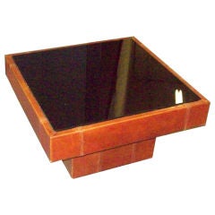 Hand-Stiched, Leather Coffee Table With Smoked-Glass Top