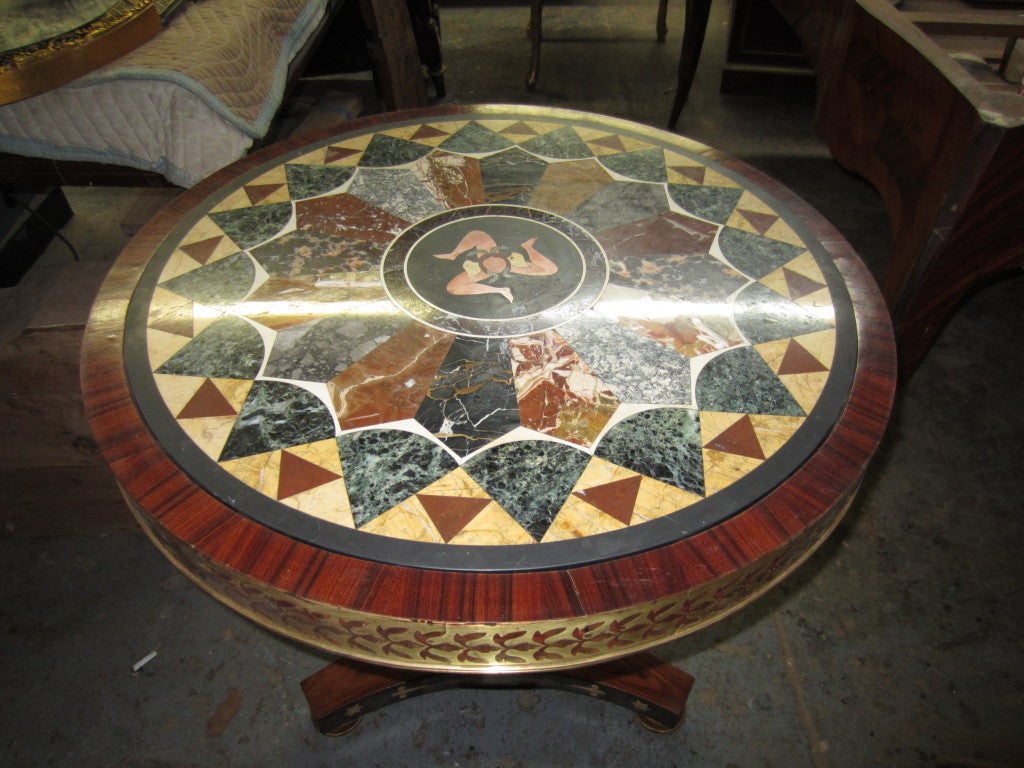 English Regency Style Brass-Inlaid  Gueridon Table w. Petra Dura Top Insert