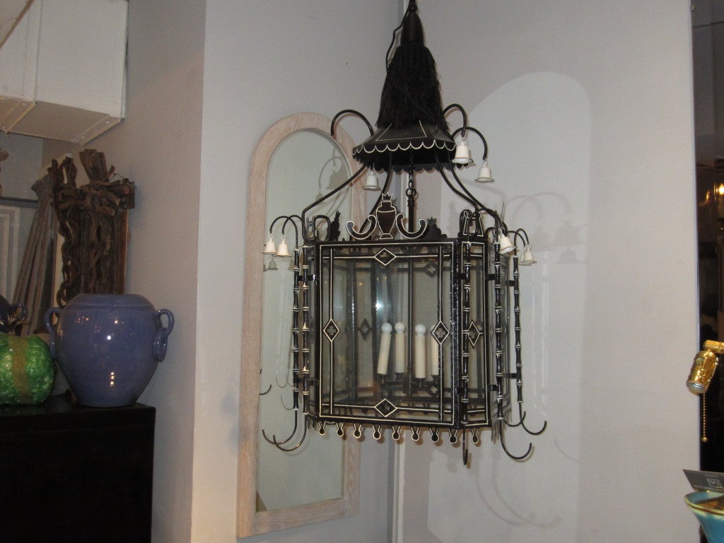 Custom black and white tole lantern. Please note this fixture is customizable with a lead time of 8-10 weeks.