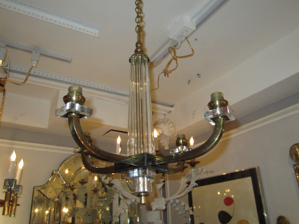A French 40's Four Arms Brass, Lucite and Glass Chandelier In Excellent Condition In New York, NY