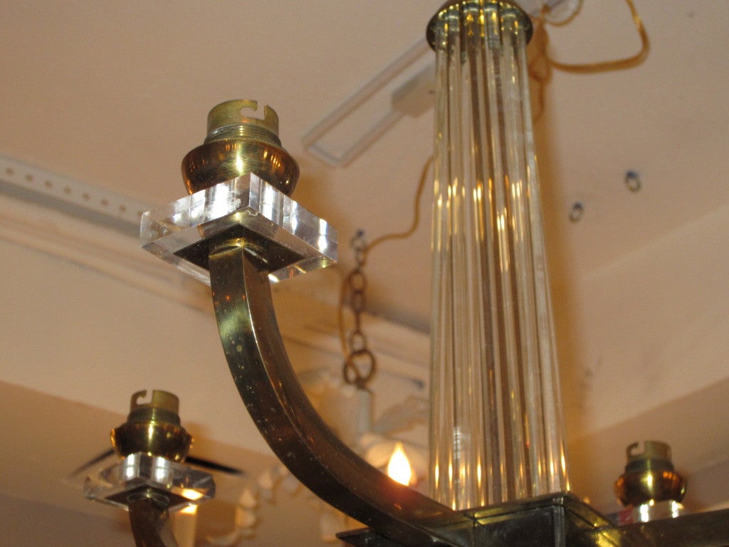 Mid-20th Century A French 40's Four Arms Brass, Lucite and Glass Chandelier