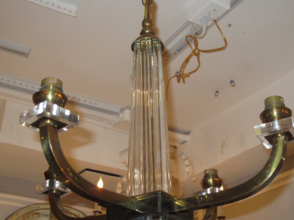 A French 40's Four Arms Brass, Lucite and Glass Chandelier 1