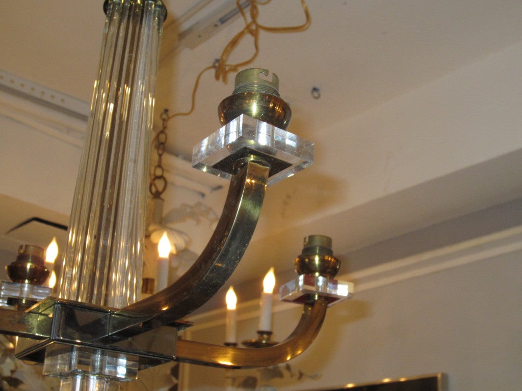 A French 40's Four Arms Brass, Lucite and Glass Chandelier 2