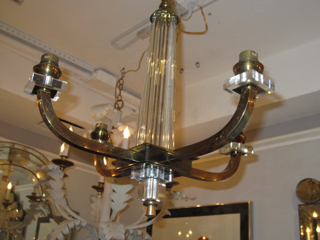 A French 40's Four Arms Brass, Lucite and Glass Chandelier 4