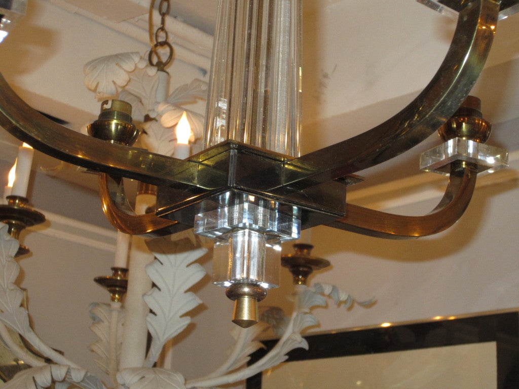 A French 40's Four Arms Brass, Lucite and Glass Chandelier 5