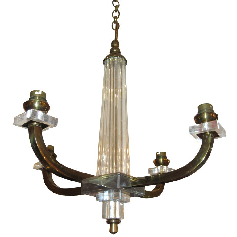 A French 40's Four Arms Brass, Lucite and Glass Chandelier