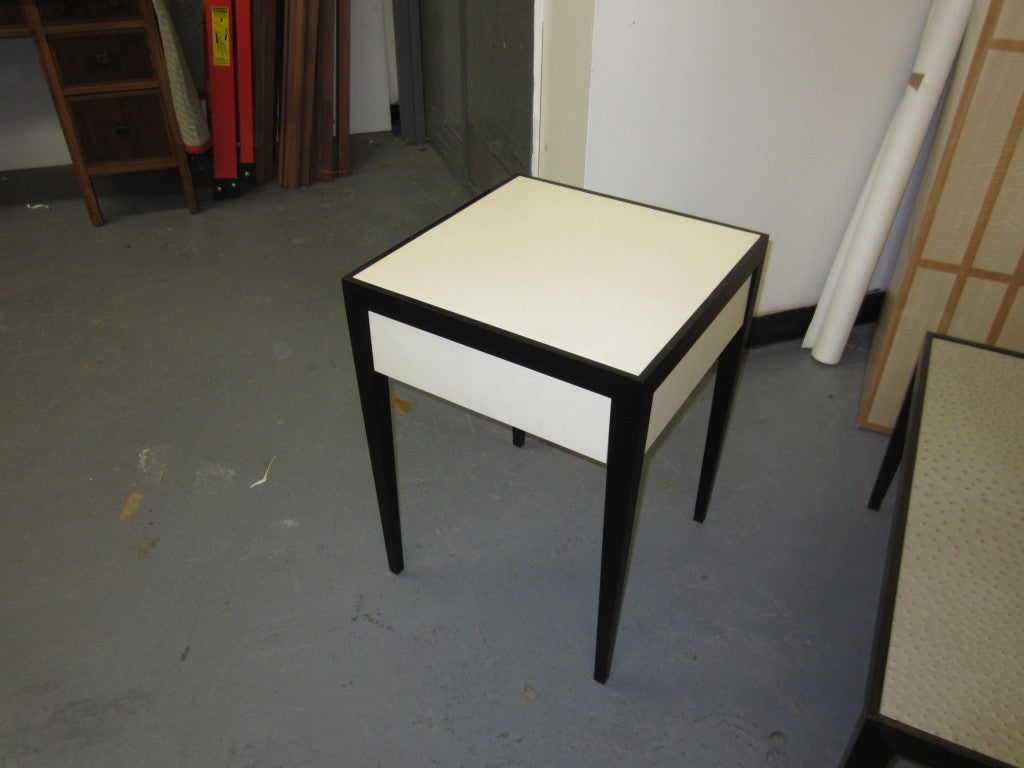 American Pair of Custom Ebonized Parchment End Tables with Central Drawer