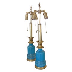 Exquisite Pair of Blue Opaline Glass Lamps