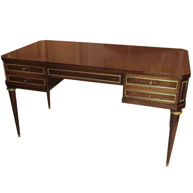 Exquisite Rosewood and Brass Inlaid Mid-Century Desk