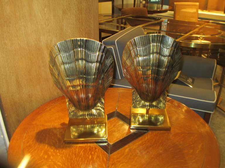Unusual pair of brass shell lamps.