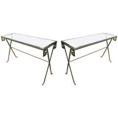Pair of Silver-Leafed, Glass Top Consoles in the Neoclassic Manner 2