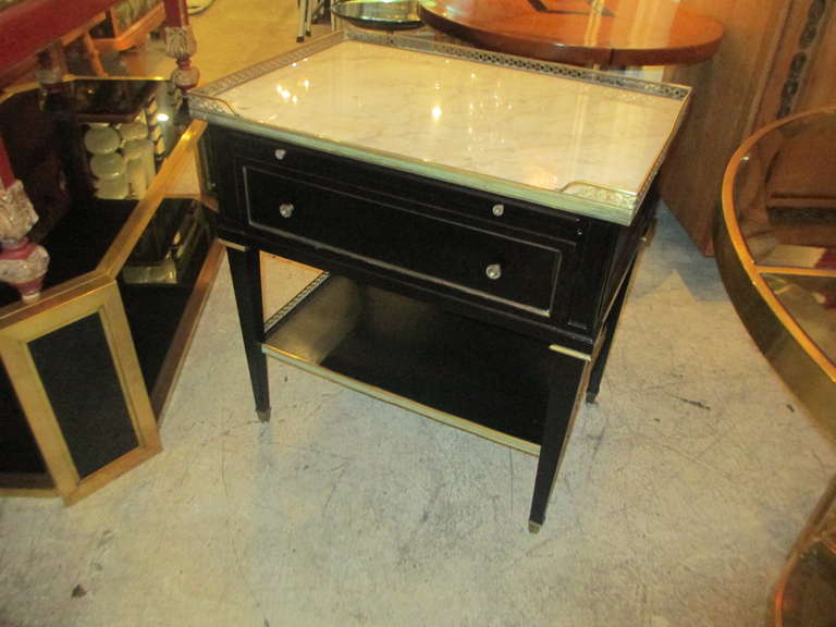 French Pair of Ebonized Two-Tiered, Marble-Top Night Stands