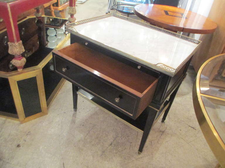 Mid-20th Century Pair of Ebonized Two-Tiered, Marble-Top Night Stands