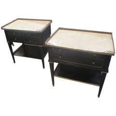 Pair of Ebonized Two-Tiered, Marble-Top Night Stands