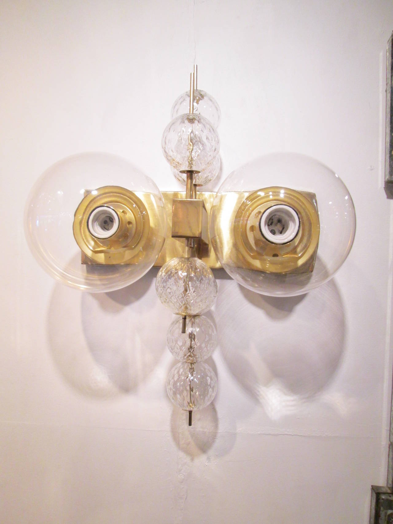 Italian Rare Pair of Modern Brass and Glass Wall Sconces