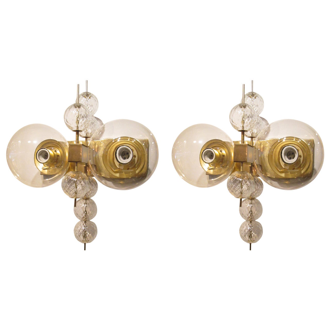 Rare Pair of Modern Brass and Glass Wall Sconces