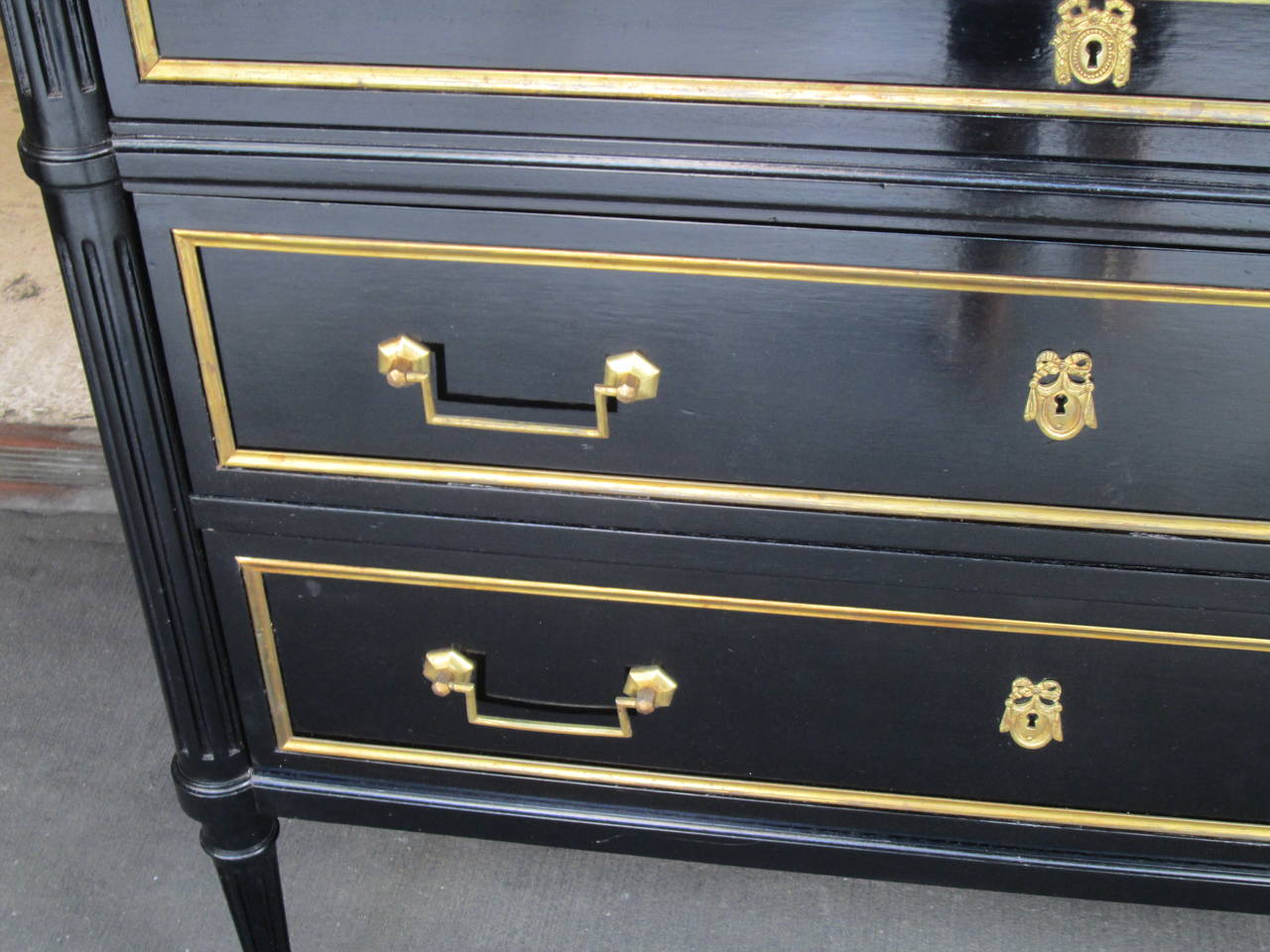 Directoire Style Ebonized Commode with Marble Top In Excellent Condition In New York, NY