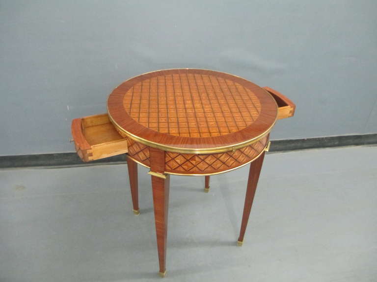 Mid-20th Century Pair of Parquetry Bouillote Tables on Tapered Legs