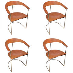 Set of Four Hand-Stitched Leather and  Brass Chairs