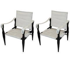 Pair of Ebonized Safari Sling-Back Chairs Upholstered in Canvas