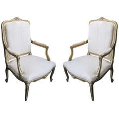 Pair of Painted Giltwood Bergeres/ Armchairs in the Regence Manner Pair of Painted Giltwood Bergeres/ Armchairs in the Regence Manner
